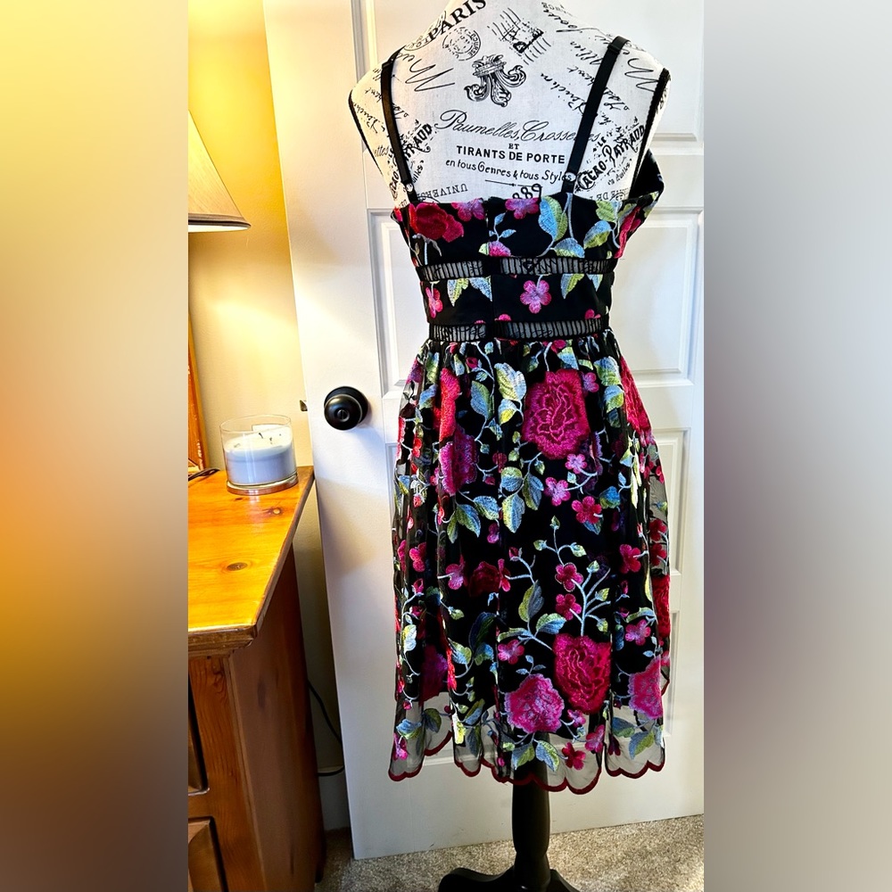 Nicole Miller Black Mini Dress with Pink Floral Embroidery - Picture 4 of 10